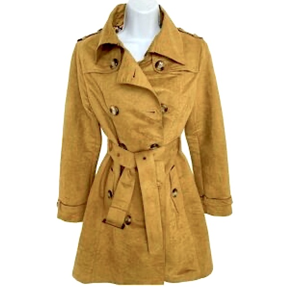 Steve Madden Tan Gold Mustard Faux Suede Double Breasted Belted Trench Pea Coat